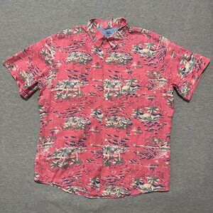IZOD Saltwater Shirt Mens XL Pink Hawaiian Camp Relaxed Button Down Palm Trees